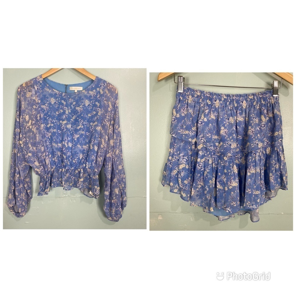 Loveshackfancy 2 Pice Top & Skirt Silk Floral Blue Sz S‎